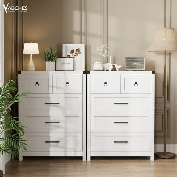 Vabches 5 Drawer Dressers, Tall Chest of Drawers White Dresser for Bedroom Entryway Living Room, White Finish