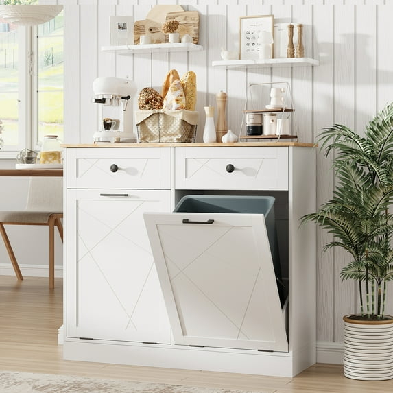 Vabches Kitchen Dual Tilt Out Trash Cabinet , Wood 10 Gal Garbage Cans Holder Drawers, White (Without Trash Bin)