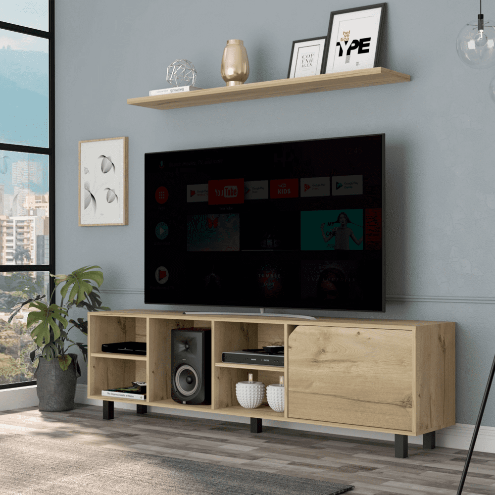 Valdivia Tv Stand for TV´s up 70", Four Open Shelves, Five Legs Light Oak