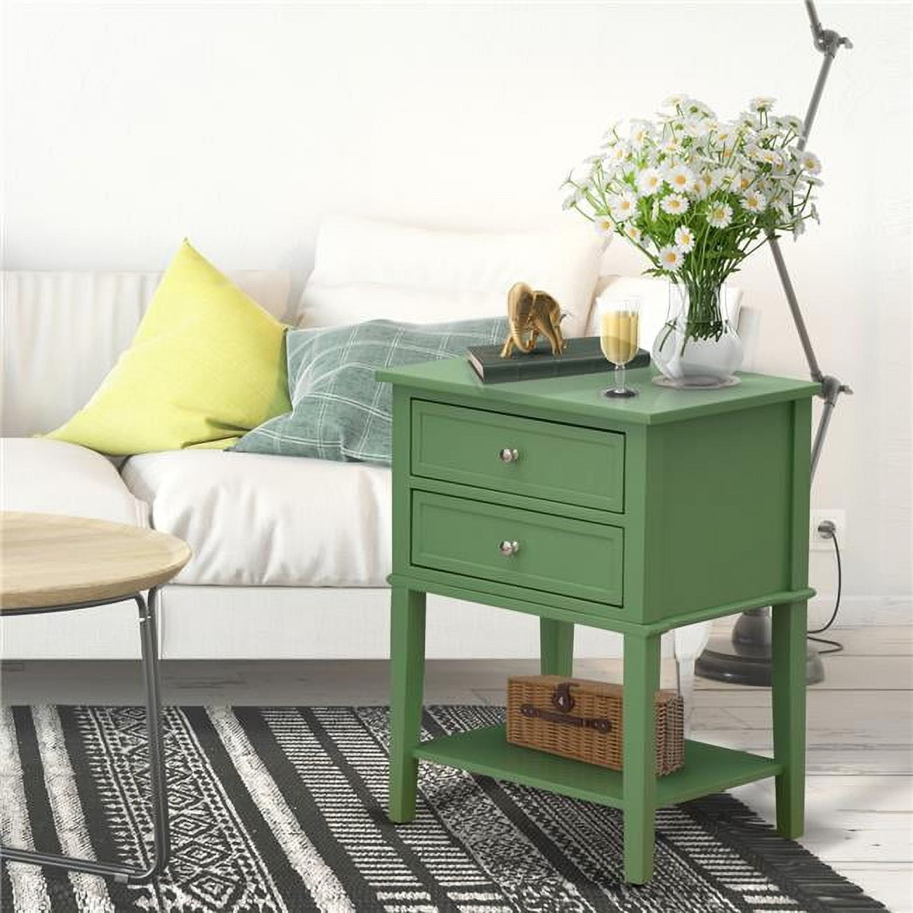 East West Furniture  Valencia Modern Wooden Nightstand with 2 Mid Century Wooden Drawers - Clover Green