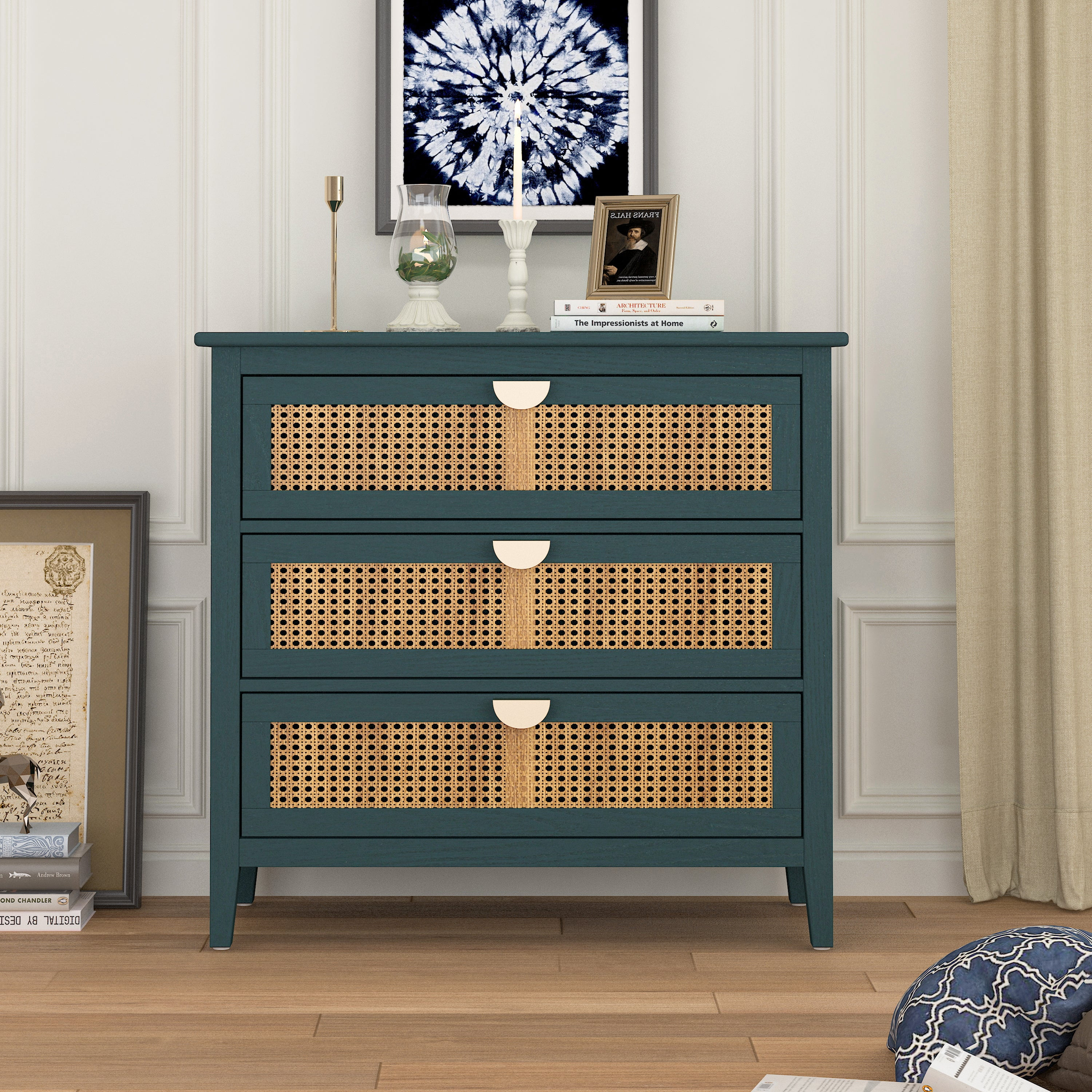 Triple Tree 3 Drawer Rattan Storage Cabinet, Natural Modern Dresser with Wooden Frame, Green