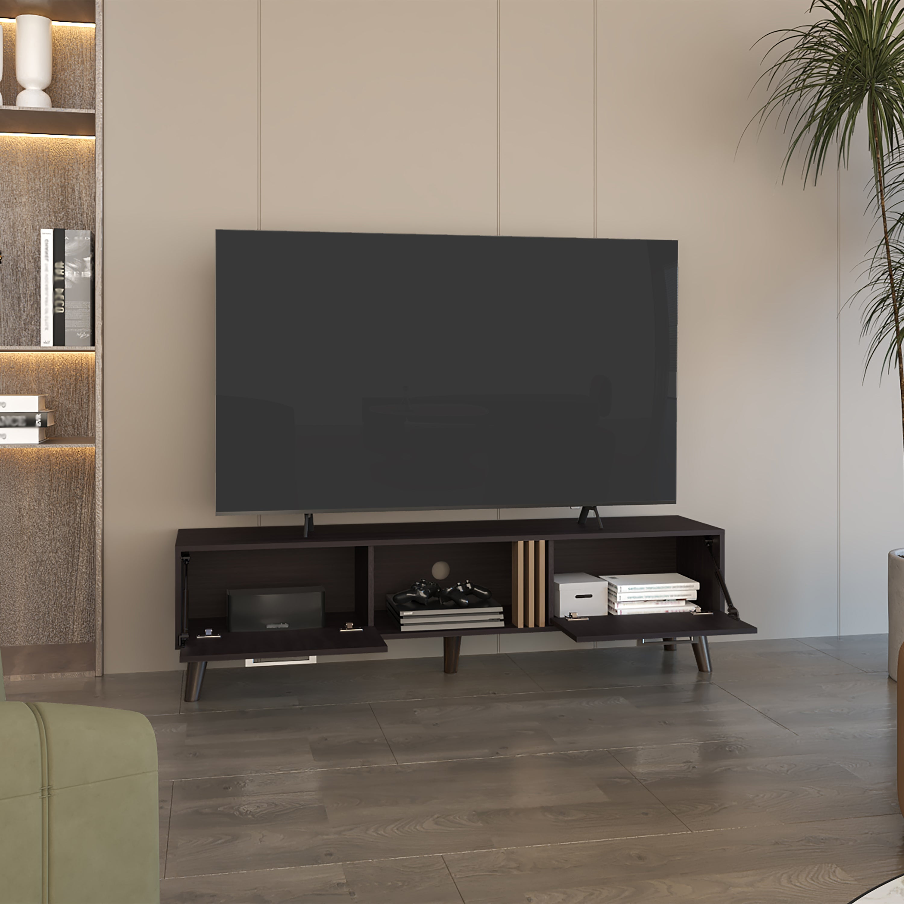 Vance 63" Wide Tv Stand with Two pull down Cabinets, Two Shelves, Cable Management , Living Room, Tv Room Black Wengue - Light Oak