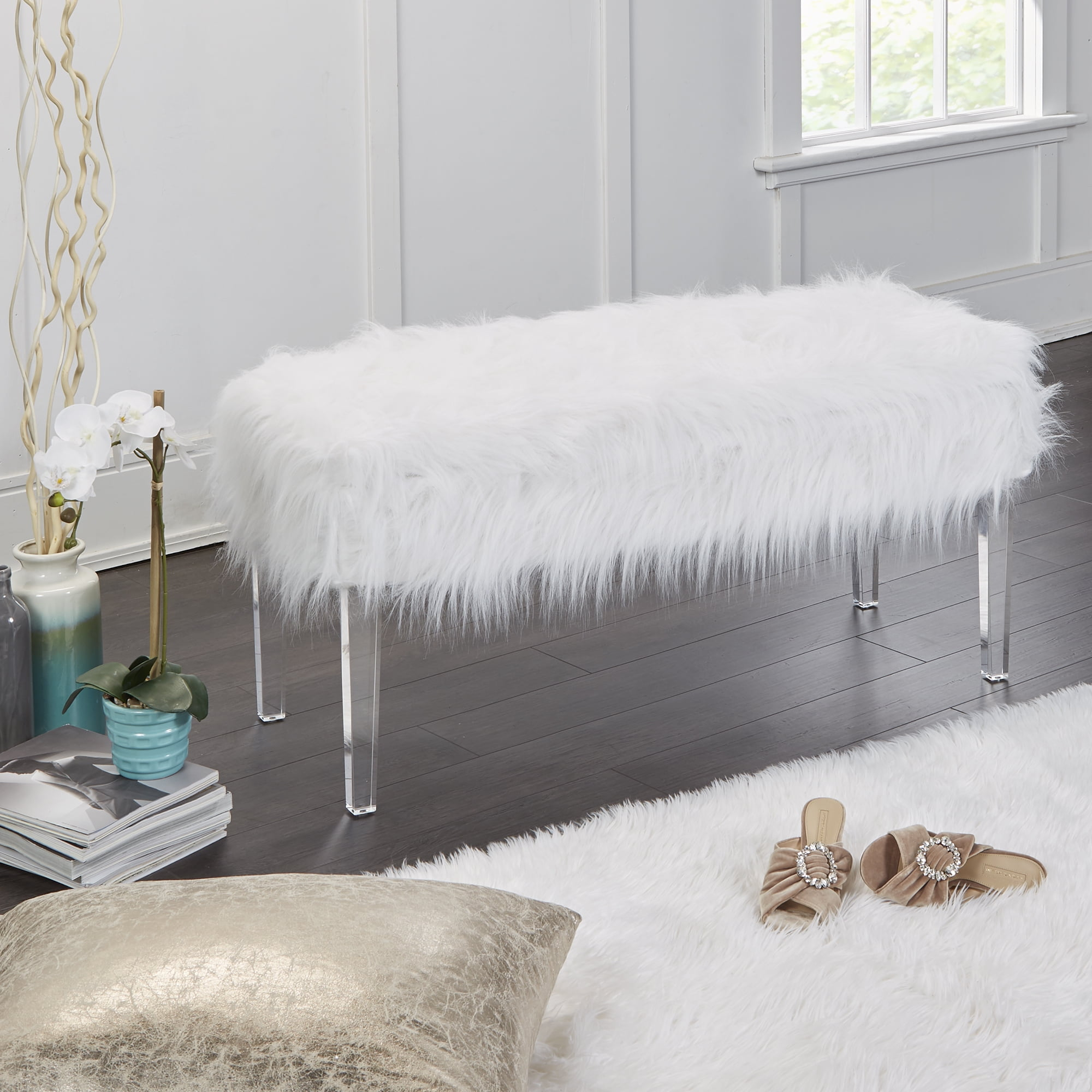 Vanessa Faux Fur and Glass Vanity Storage Bench, White Finish
