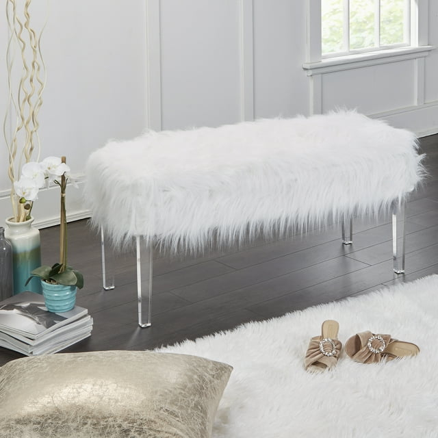 Vanessa Faux Fur and Glass Vanity Storage Bench, White Finish