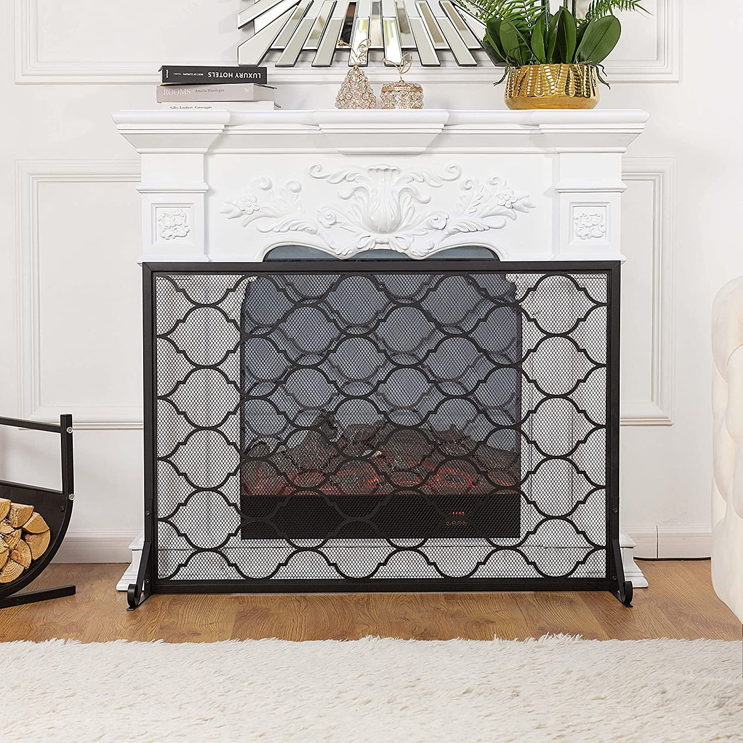 Vanity Art 1-Panel Iron Fireplace Screen | Heavy-Duty and Heat-Resistant Indoor Single Panel Geometric Pattern Iron Fireplace Screen with 29.33-inch Height, Black, MLT3026FP-BK
