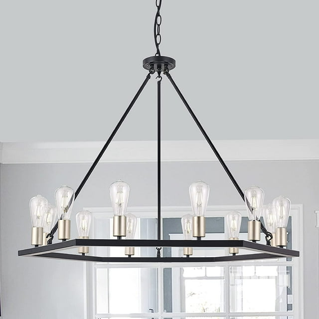 Vanity Art 12 Lights Wagon Wheel Chandelier Lighting Farmhouse Candle Ceiling Light Fixtures for Living Room Kitchen Dining Room MLT3112LT-BD-BK