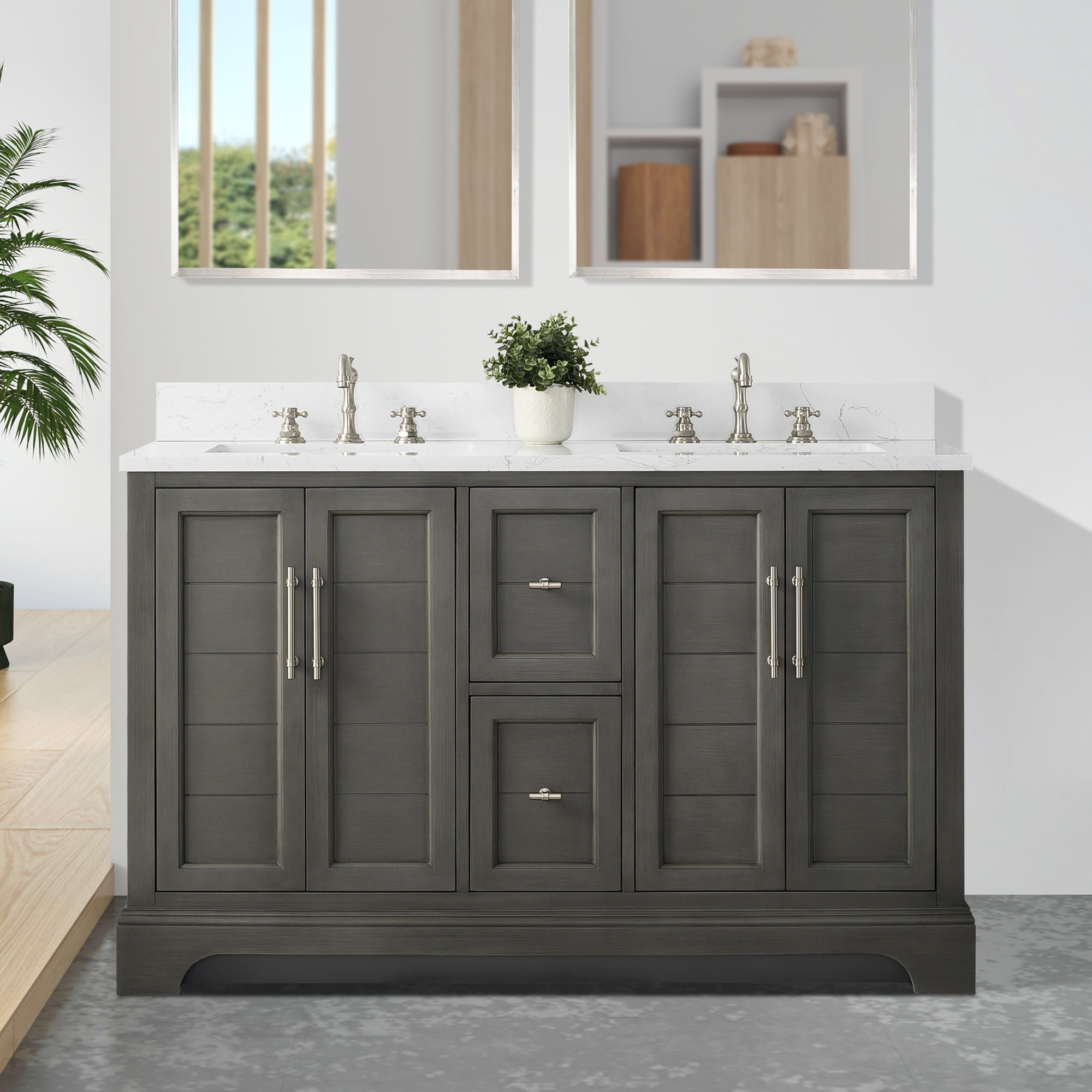 Vanity Art 54 x 22 x 34 in. Single Sink Bathroom Vanity with Quartz Top & Backsplash, Silver Gray