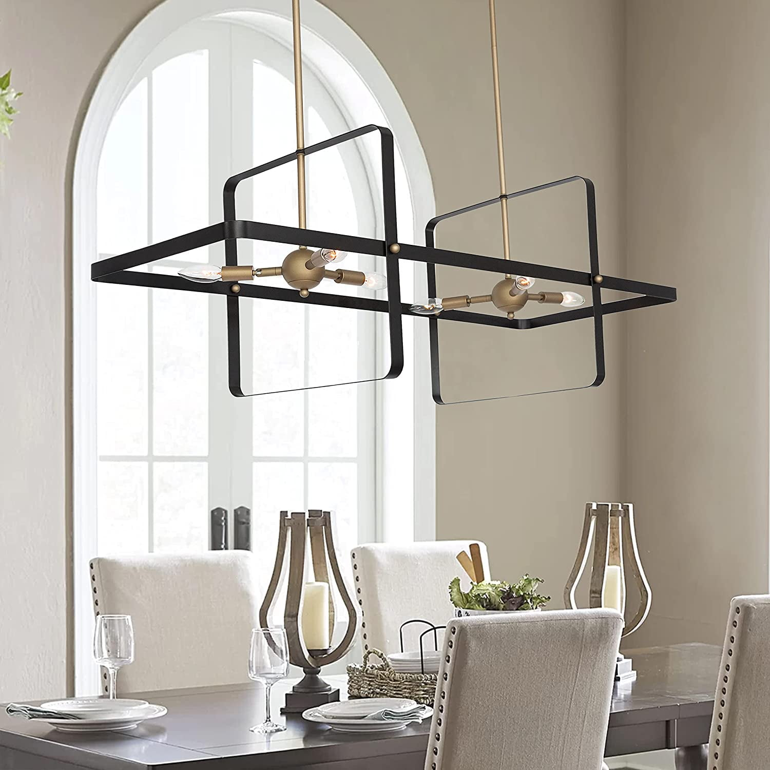 Vanity Art  6 - Light Kitchen Island Linear Pendant, Modern Hanging Lighting, Ceiling Lights Fixtures for Dining Room Living Room, Kitchen, Classic Black/Contemporary Brass Dust, 22706BK-BD