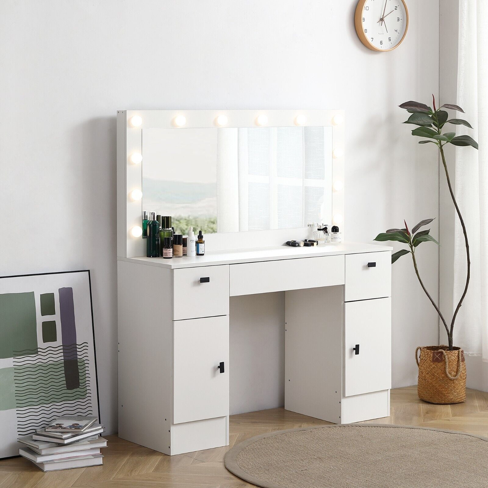 White Particle Board Vanity Desk with Lighted Mirror and Storage Cabinets