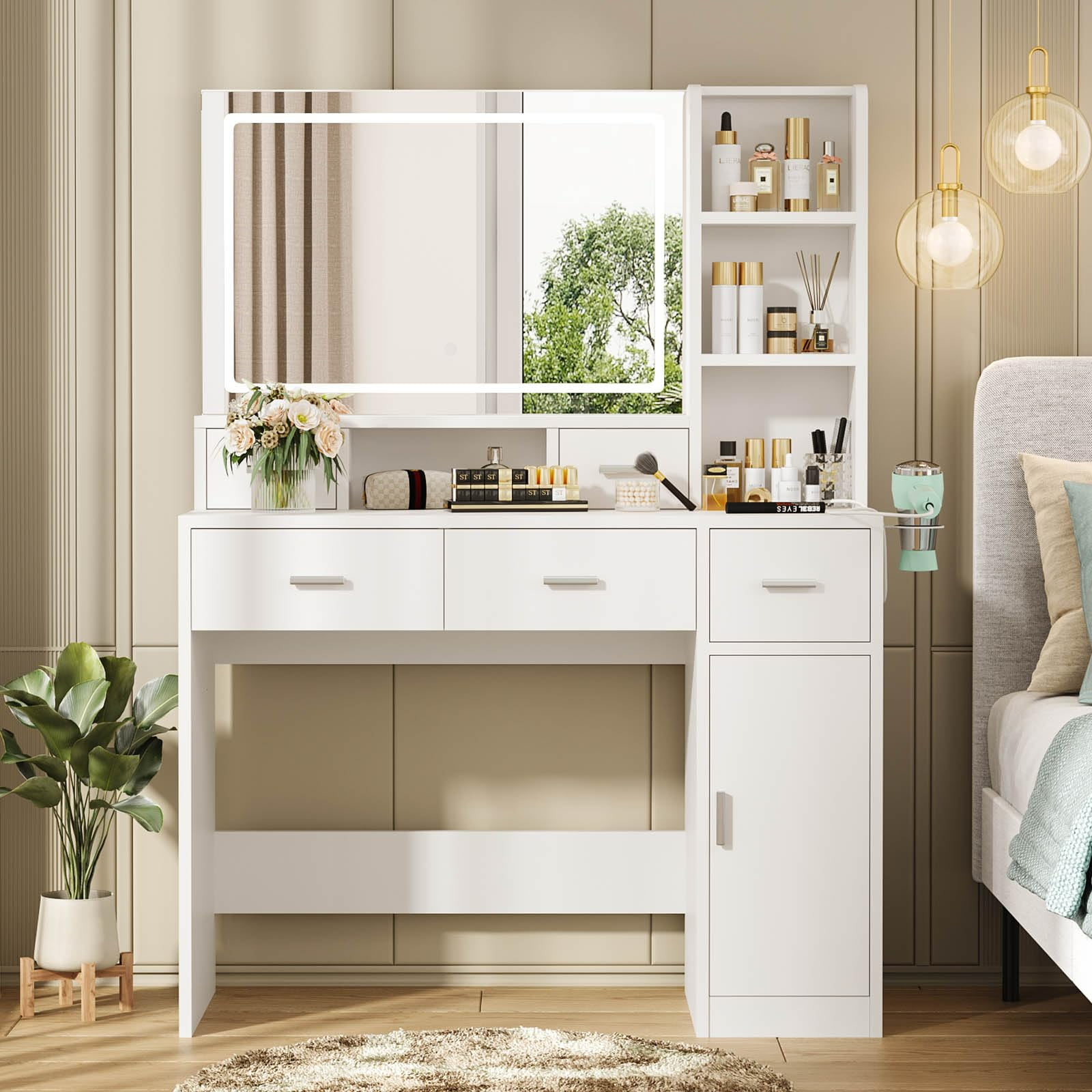 Vanity Desk with Large LED Mirror, Large Vanity Table with Charging Station, Makeup Vanity Desk with Drawers for Bedroom Dressing Room, Women Girls