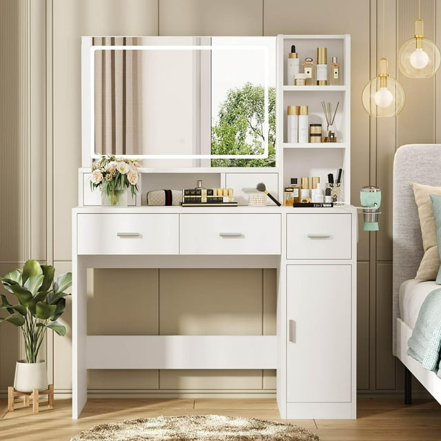 Vanity Desk with Large LED Mirror, Large Vanity Table with Charging Station, Makeup Vanity Desk with Drawers for Bedroom Dressing Room, Women Girls