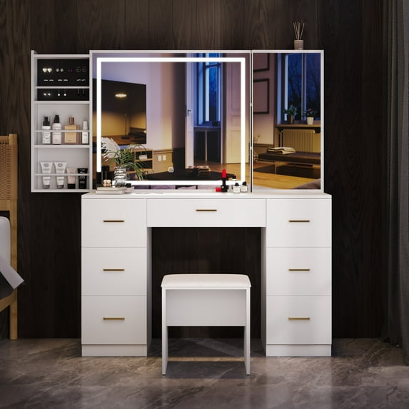 Vanity Desk with Lighted Mirror,Makeup Table with 7 Drawers,Wildhome Brand,Adult Age Group