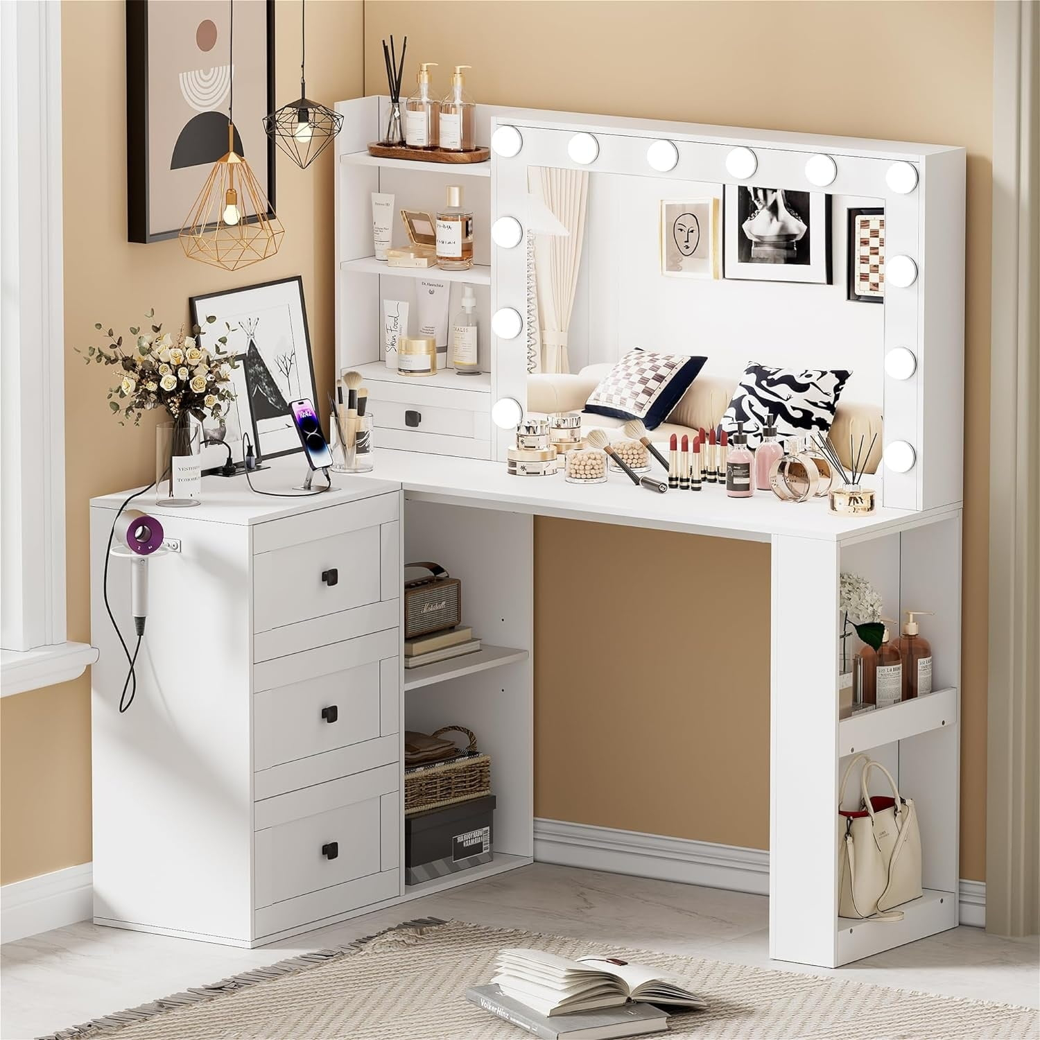PAKASEPT Vanity Desk with Mirror and Lights, Corner Makeup Table with 3 Color Lighting, White Vanity with Power Strip & Hooks, Hidden and Open Shelves, Adjustable Brightness, 47.2 Inch