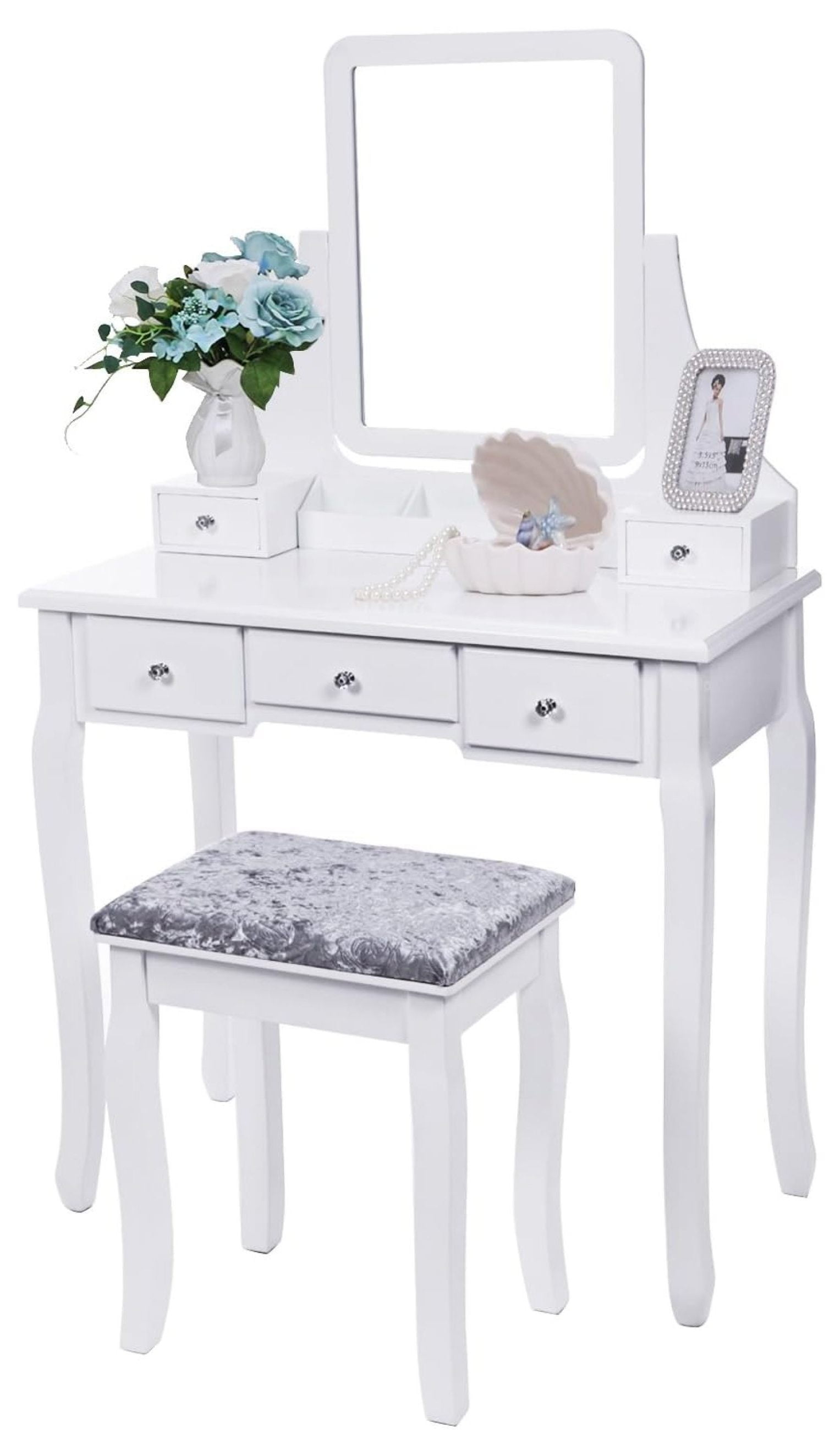 BEWISHOME Vanity Set with Mirror & Cushioned Stool Dressing Table Vanity Makeup Table 5 Drawers 2 Dividers Movable Organizers White FST01W