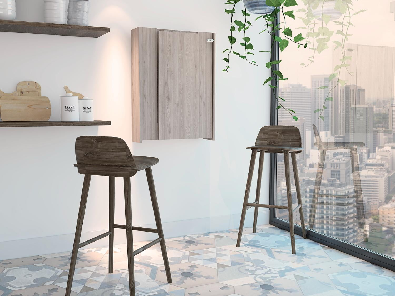 Vatta Wall Foldable Table, Multiple Shelves, Extending Table Light Gray