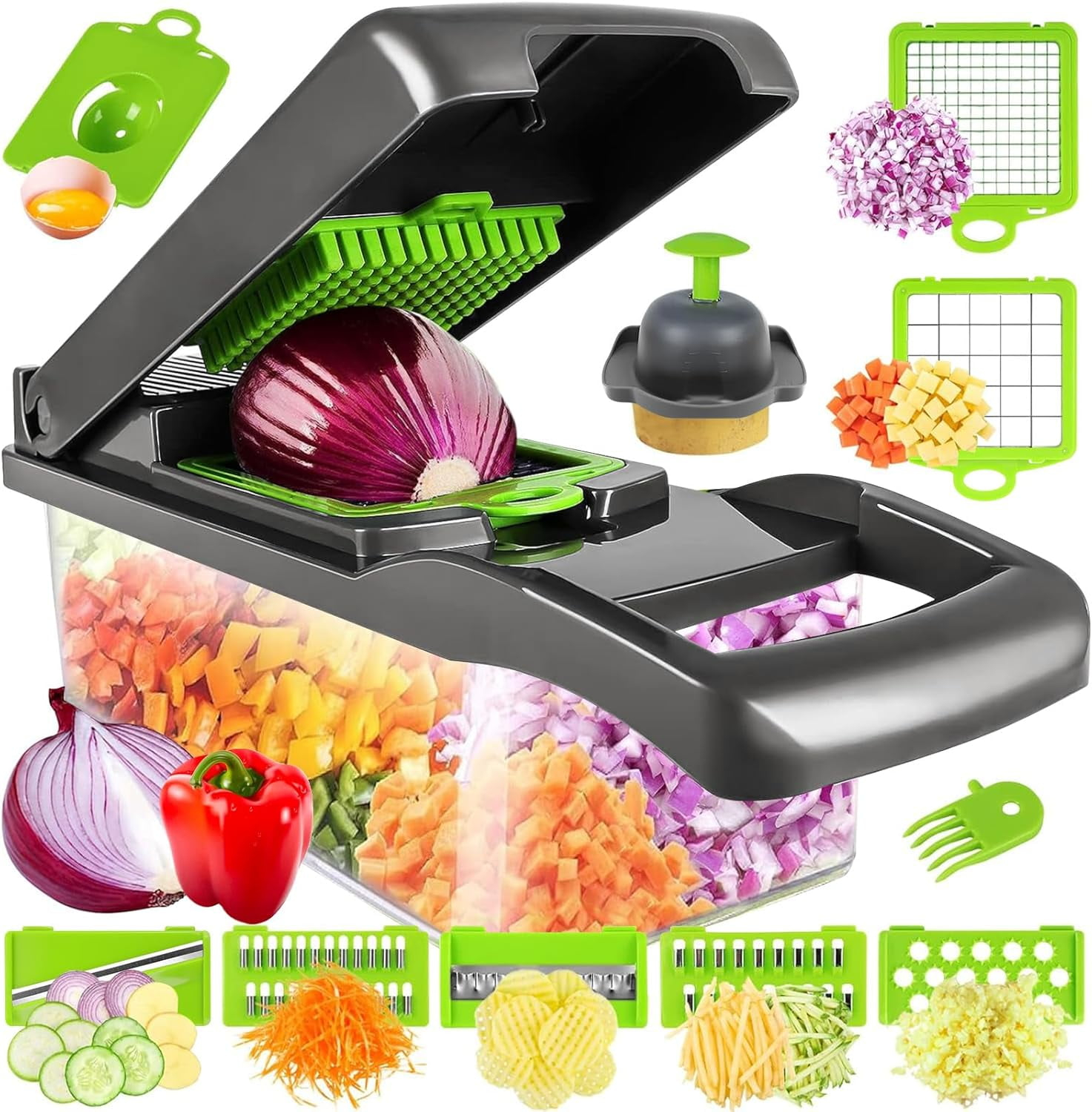 Vegetable Chopper, Pro Onion Chopper, Multifunctional 13 in 1 Food Chopper, Kitchen Vegetable Slicer Dicer Cutter,Veggie Chopper With 8 Blades,Carrot and Garlic Chopper With Container…