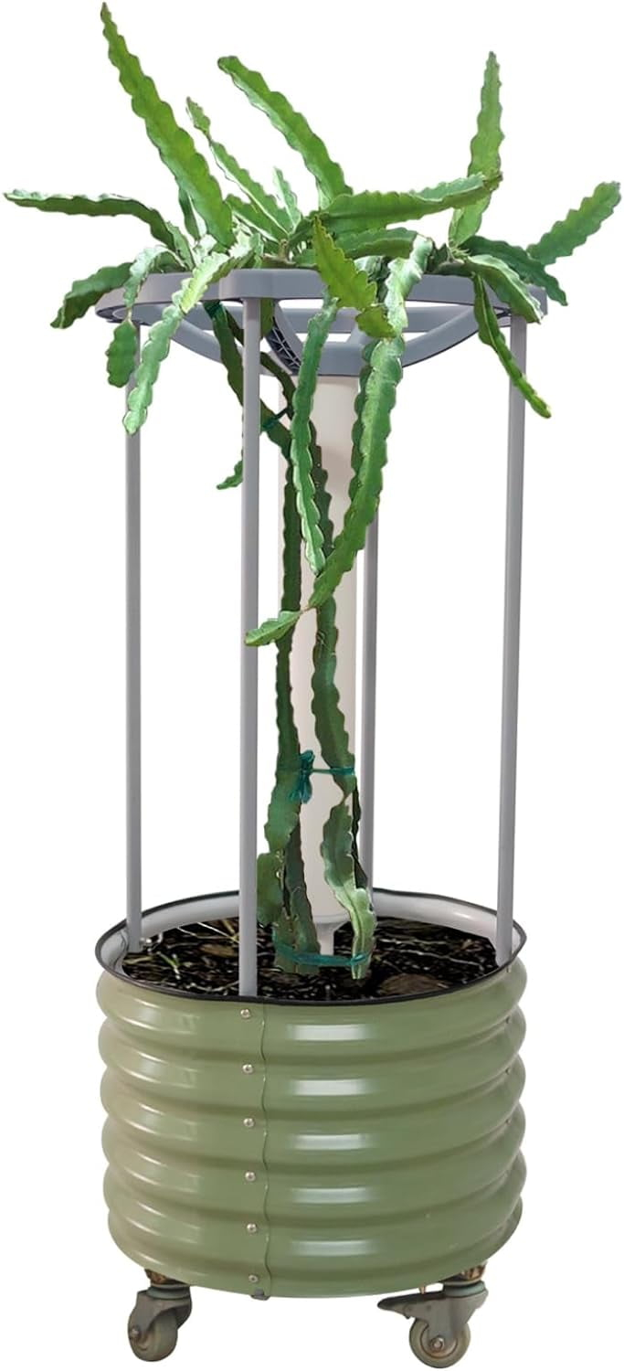 Vego Garden Self-Watering Rolling Dragon Fruit Outdoor Planter Pot with Trellis Olive Green 24"x24"x60"