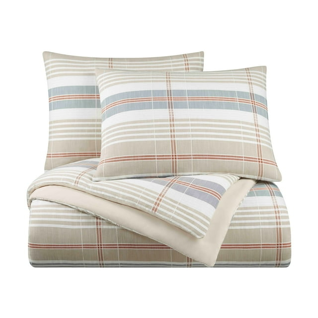 Vellux Oslo Plaid King Comforter Set, 3-Piece, 100% Cotton, Soft & Lightweight, 108x94, Taupe