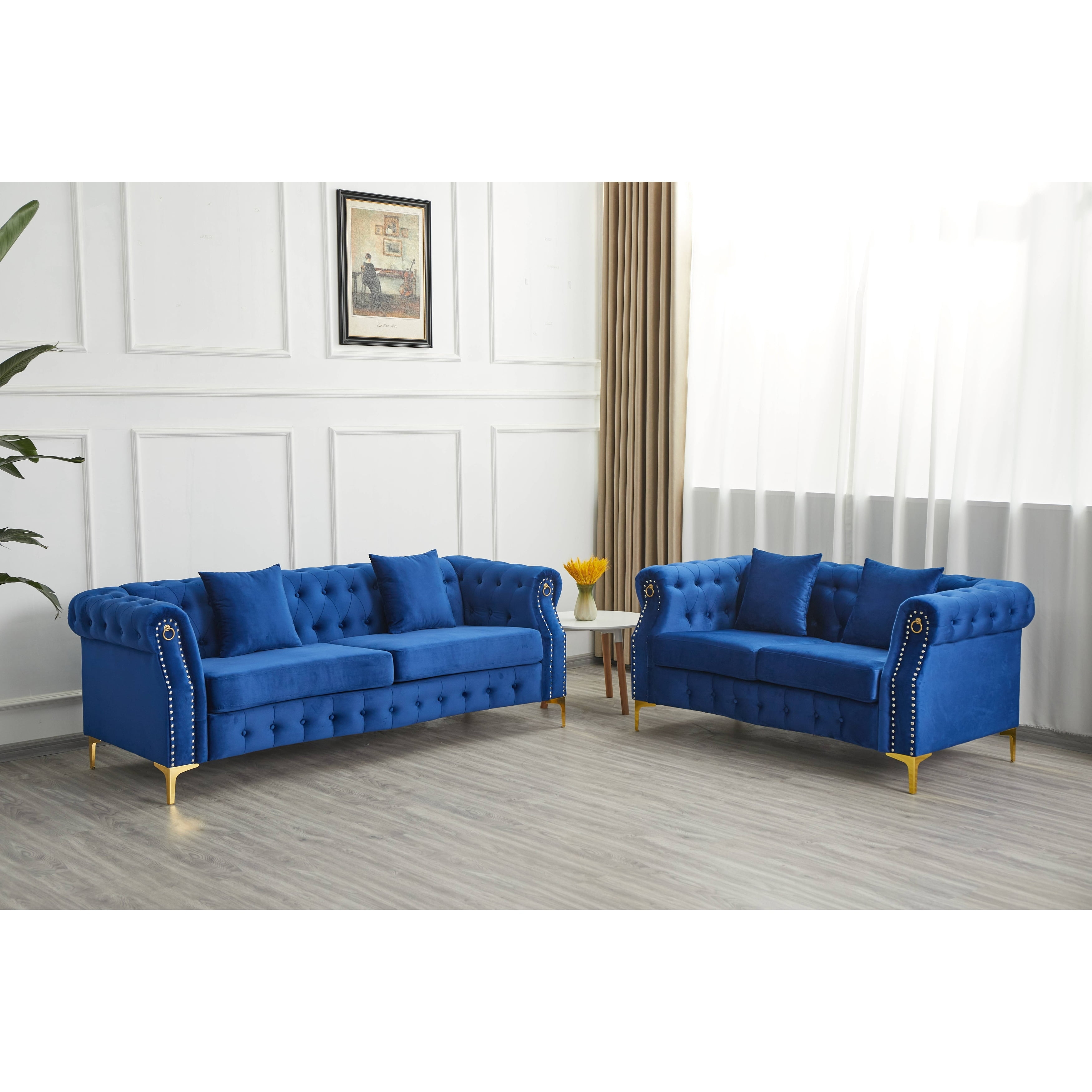 Velvet  2 Piece Loveseat and Sofa Living Room Set Blue - 2 Piece