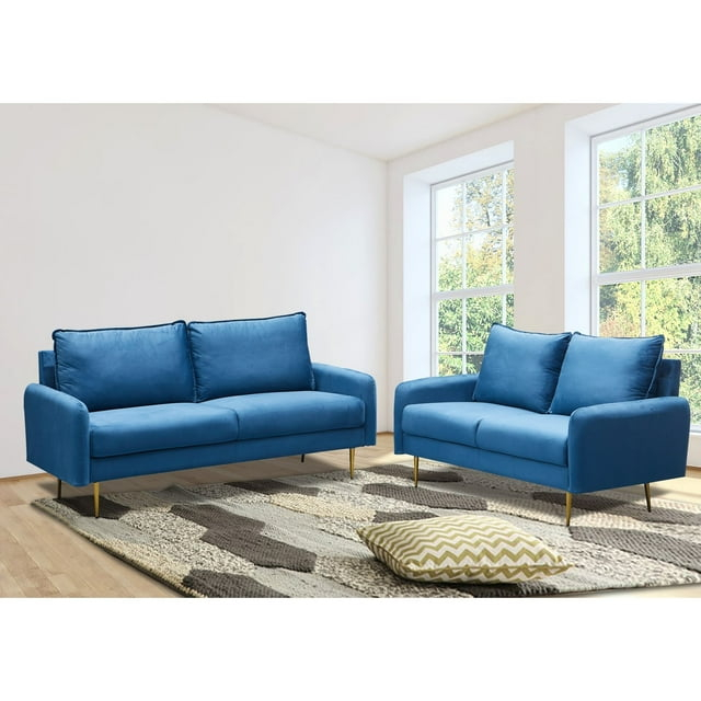 Velvet  2 Piece Loveseat and Sofa Living Room Set Prussian Blue
