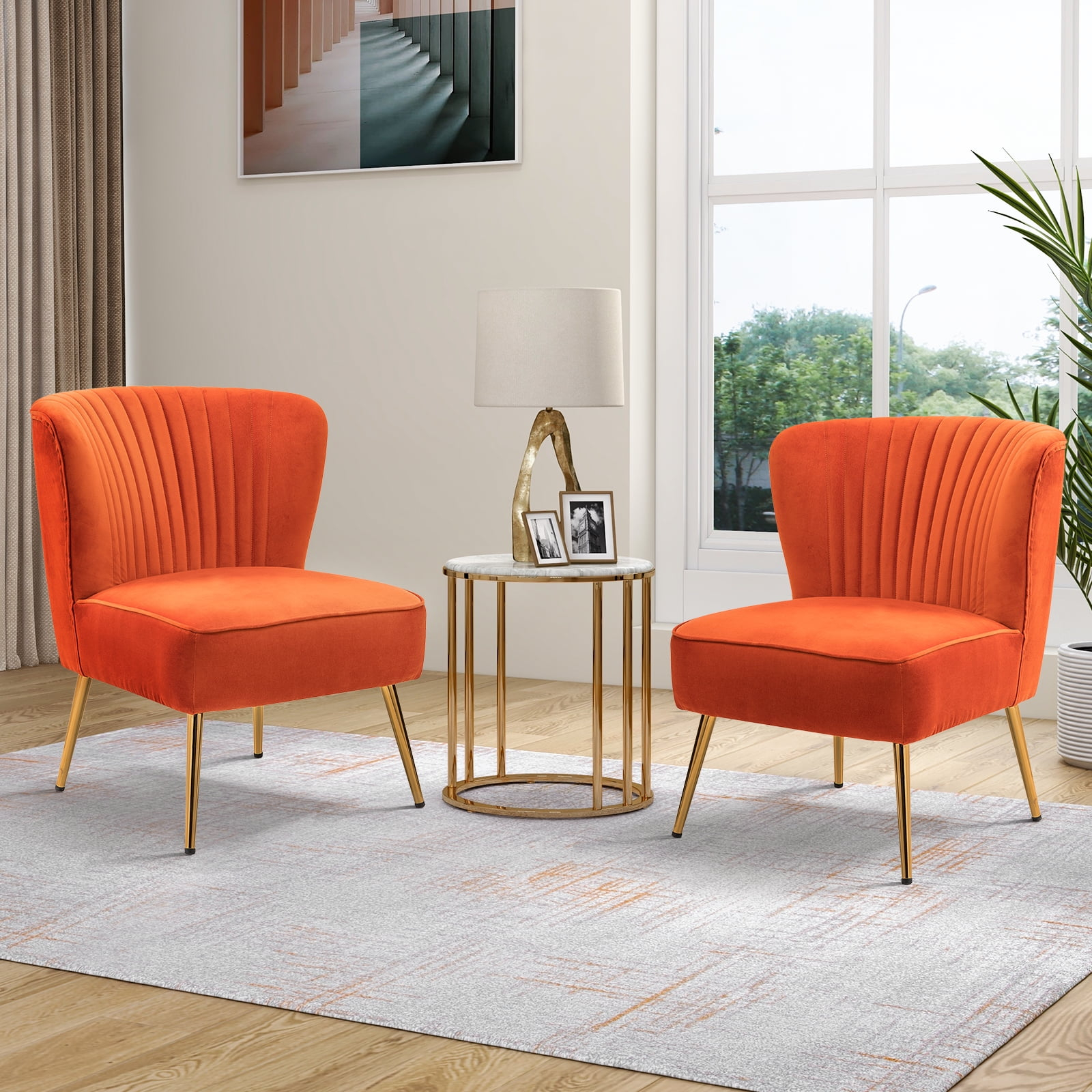 Velvet Accent Side Chair Set of 2 Transitional Armless Gold Leg Vanity Living Room Adult Orange