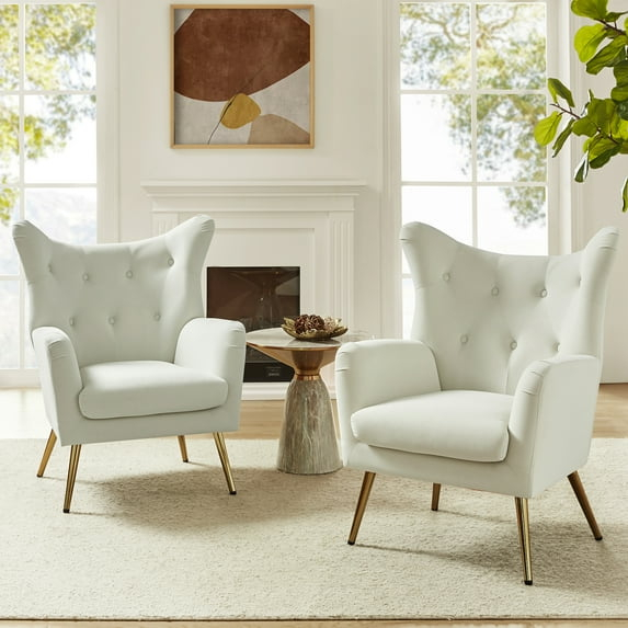 Velvet Accent Chairs Set of 2 Wingback Lounge Armchairs Sofa Upholstered Tufted Golden Leg Home Living Room Ivory