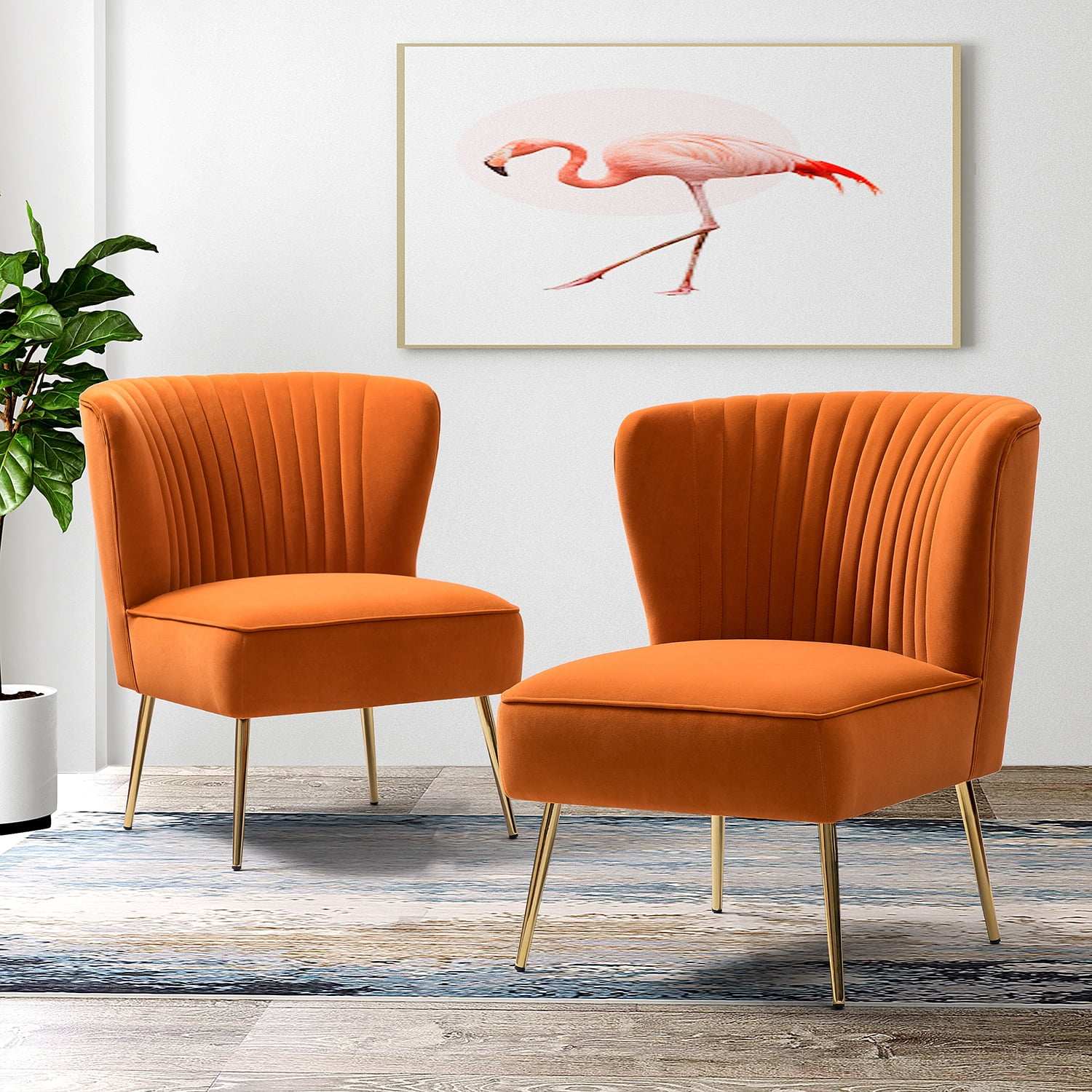 Velvet Accent Side Chair Set of 2 Transitional Armless Gold Leg Vanity Living Room Adult Orange