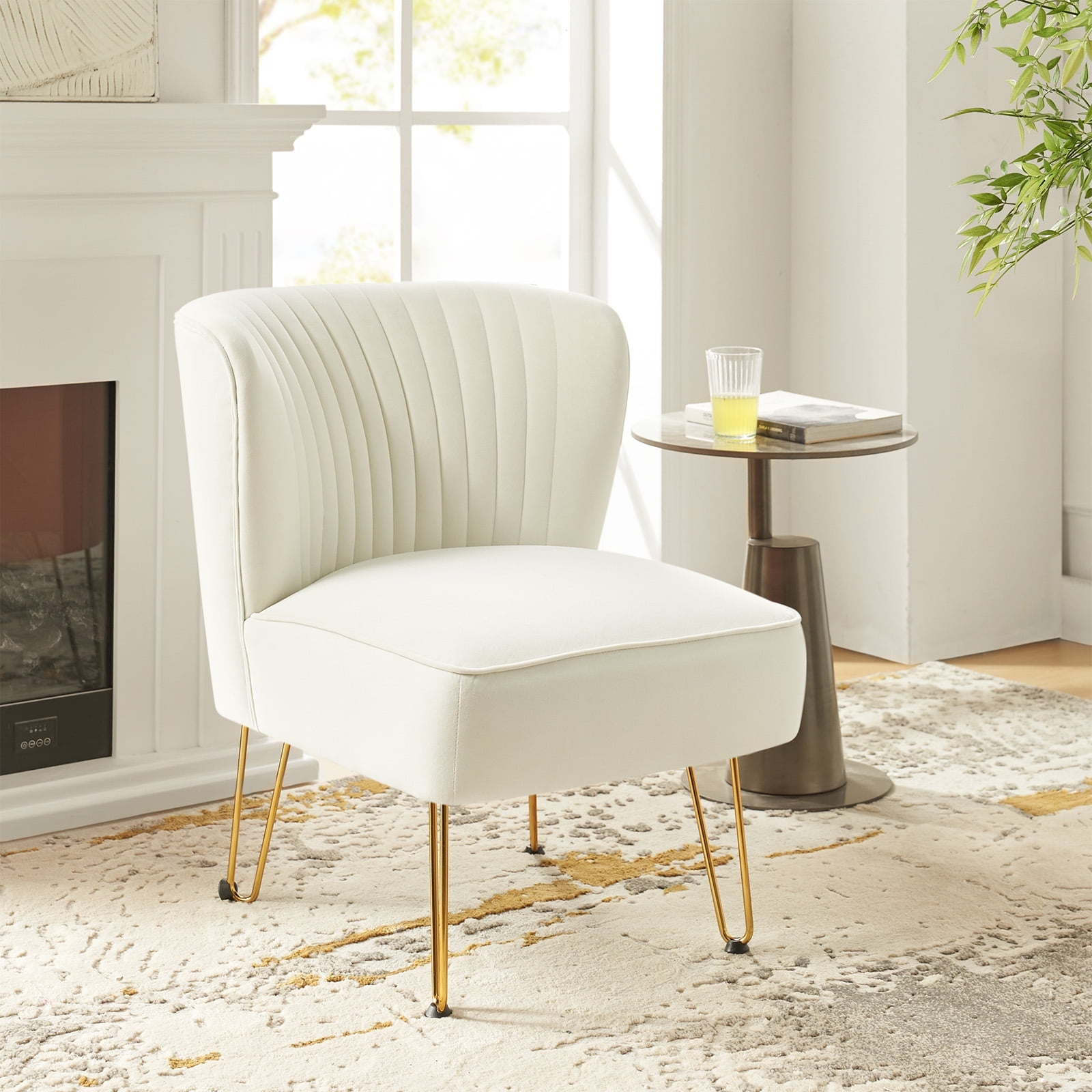 Velvet Armless Accent Chair Gold Metal Legs Modern Upholstered Single Sofa Home Living Room Ivory