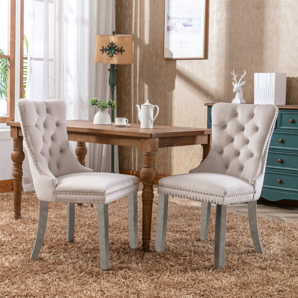 Tufted Velvet Dining Chairs Set of 2, Upholstered Fabric Dining Room Chairs with Nailhead Trim, Stylish Kitchen Chairs Stainless Steel Legs Chairs for Bedroom with Ring Pull, (2 pcs Chairs, Beige)
