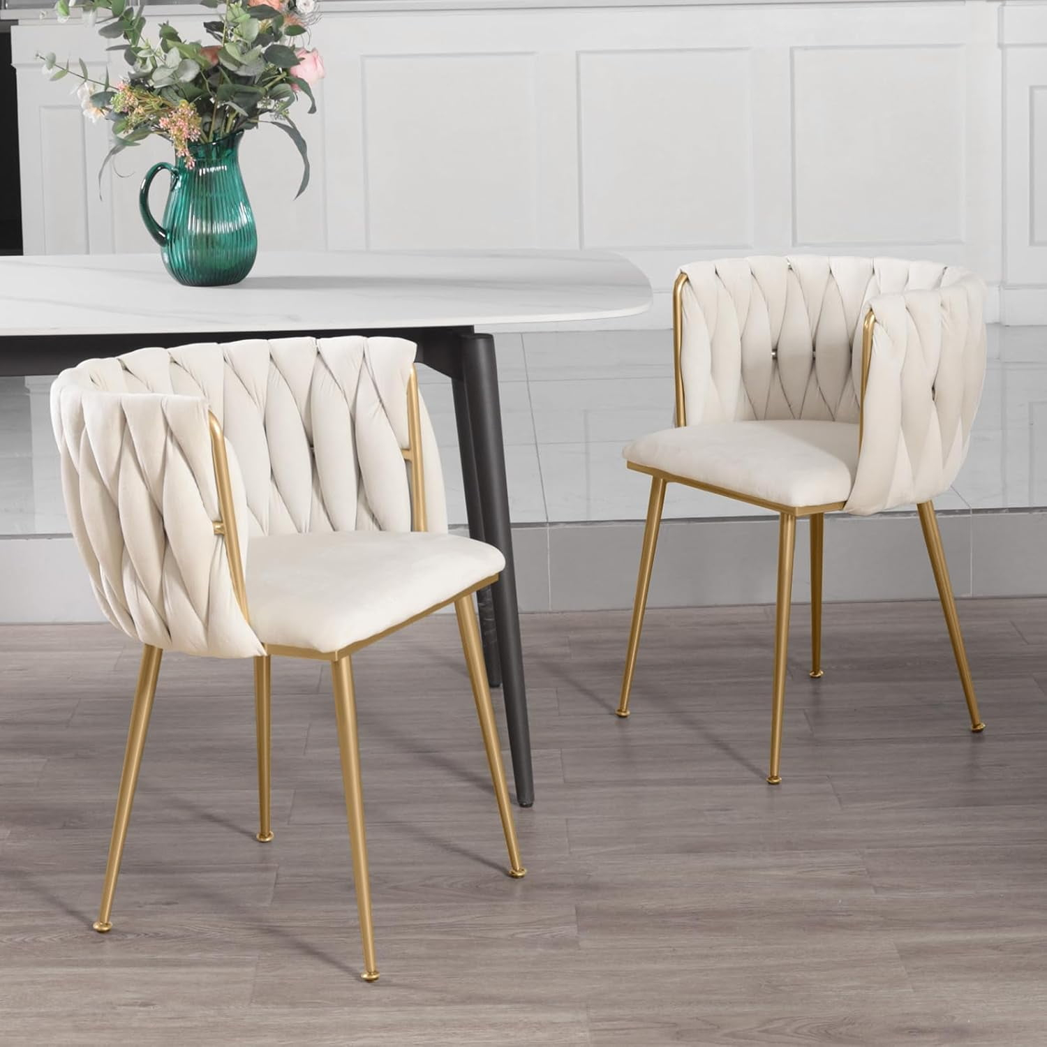 Velvet Dining Chairs Set of 2, Upholstered Dining Room Chairs with Arm & Gold Legs, Modern Accent Chairs Dining Chair for Kitchen, Vanity, Living Room (Beige)