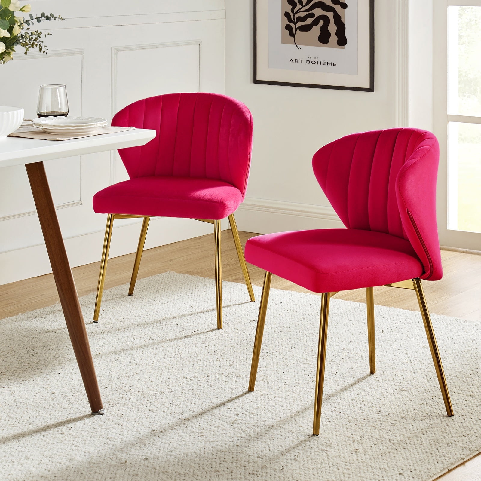 Velvet Dining Chairs Set of 2 Upholstered Wingback Side Chairs Living Room Kitchen Fushia