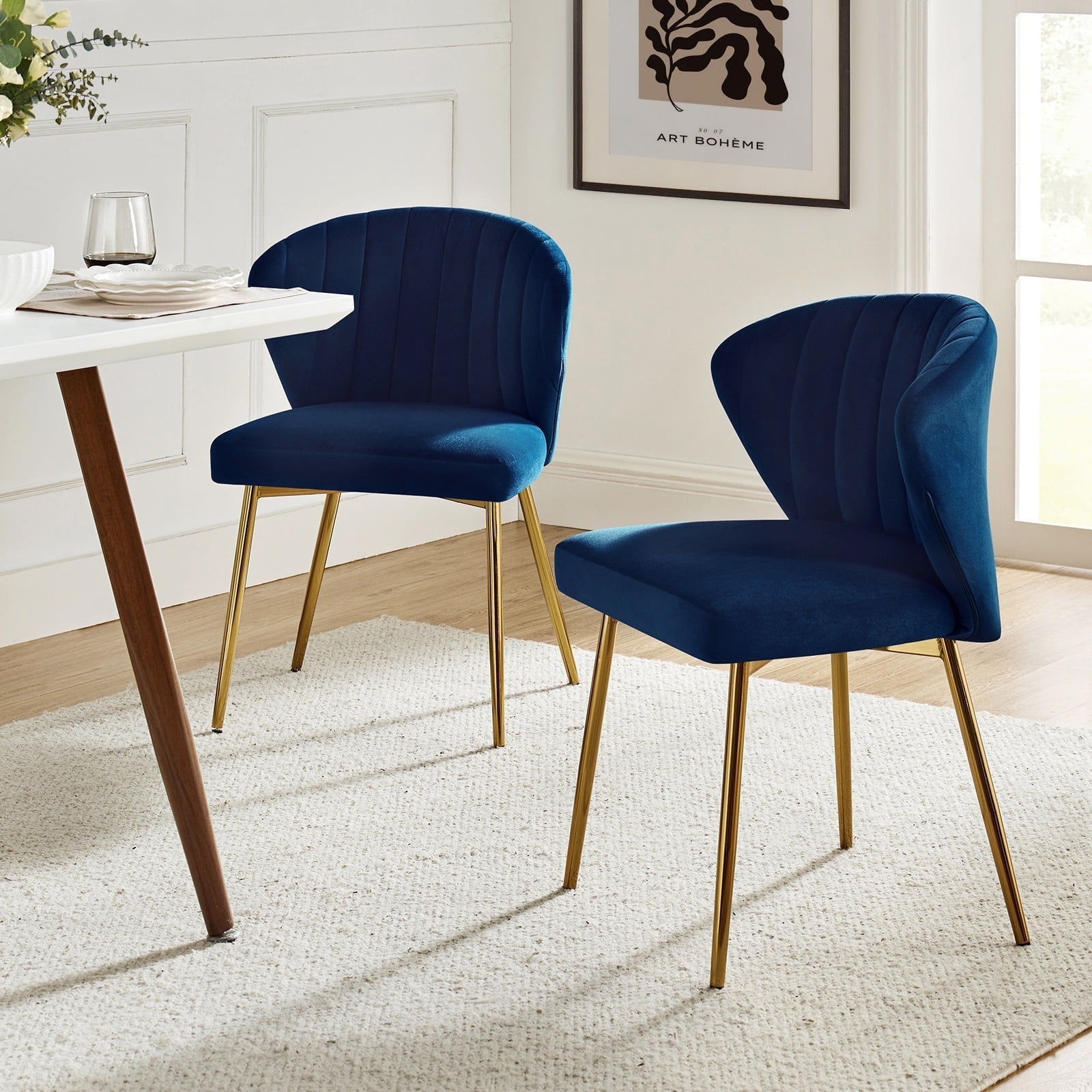 Home Velvet Dining Chairs Set of 2 Upholstered Wingback Accent Side Chairs Metal Legs Living Room Kitchen Navy