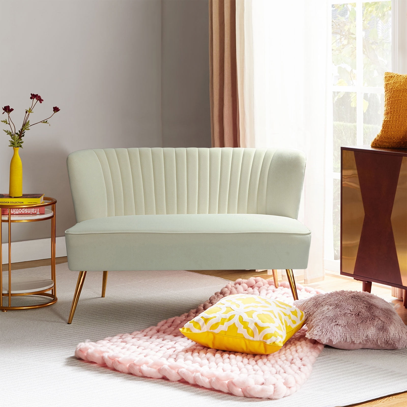 Velvet Sofa 2 Seater Upholstered Loveseat Living Room Chair White Tufted Back Home Bedroom Ivory