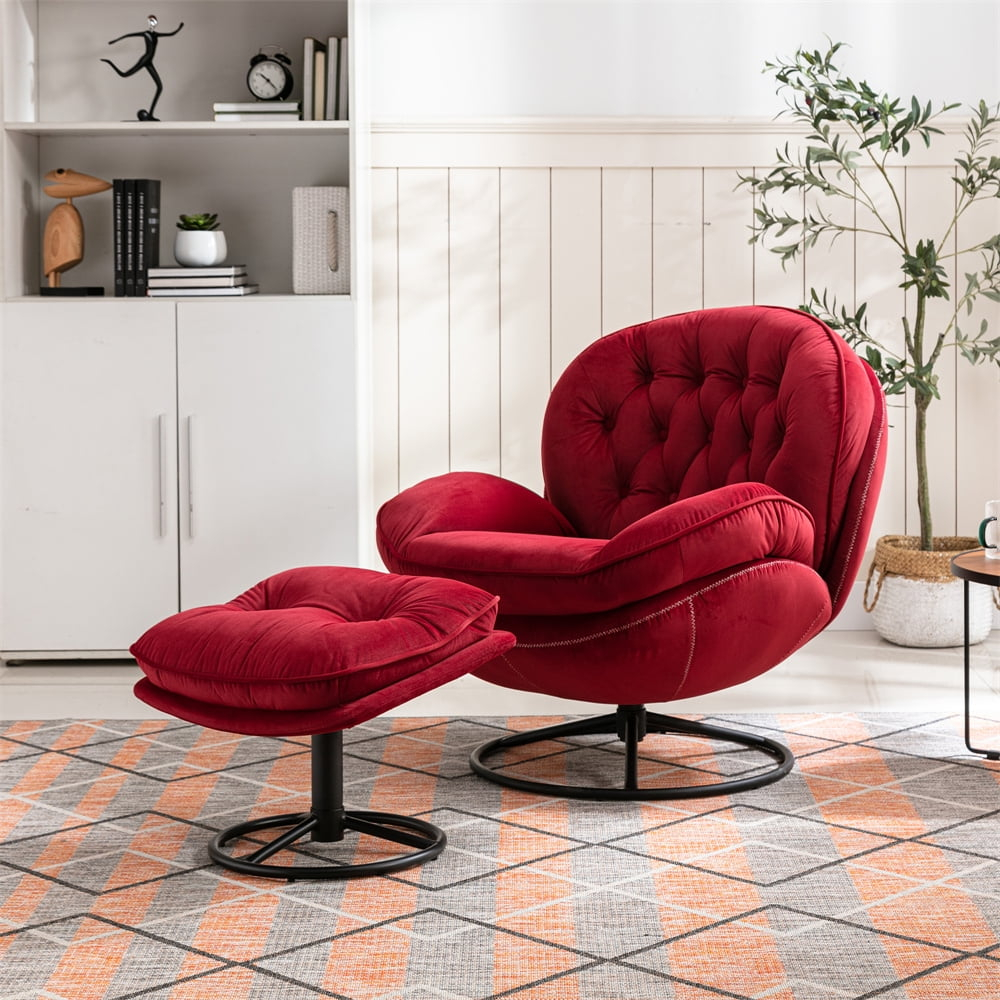Velvet Swivel Accent Chair with Ottoman Set, Modern Lounge Chair with 360 Degree Swiveling Metal Base & Footrest, Comfy Single Sofa Chair for Living Room Bedroom, Reading Room, Home Office, Dark Red