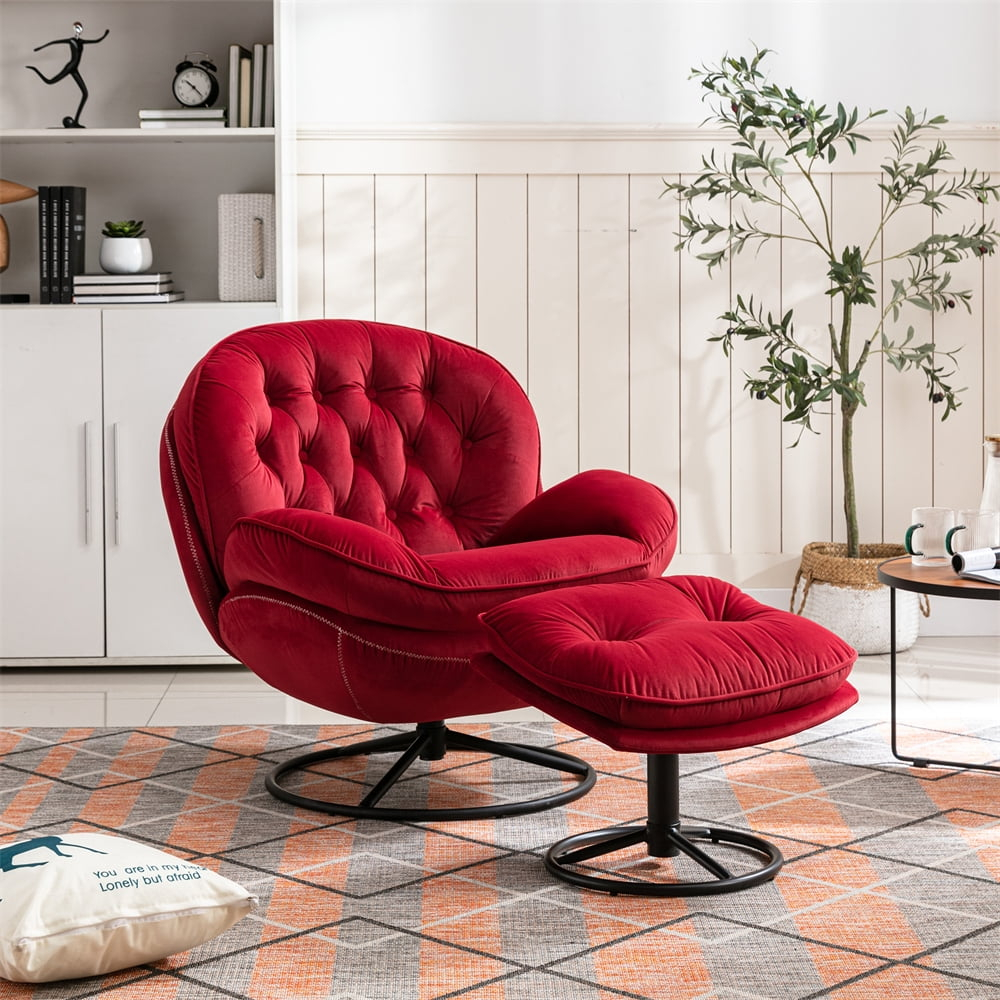 Velvet Swivel Accent Chair with Ottoman Set, Modern Lounge Chair with 360 Degree Swiveling Metal Base & Footrest, Comfy Single Sofa Chair for Living Room Bedroom, Reading Room, Home Office, Dark Red