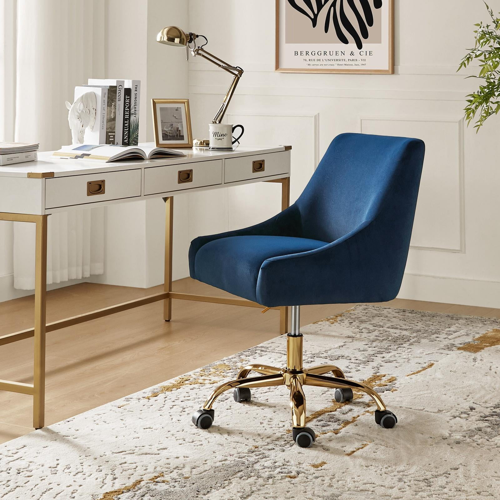 HULALA HOME Carina Modern Upholstery Task Chair with Golden Base by  Navy