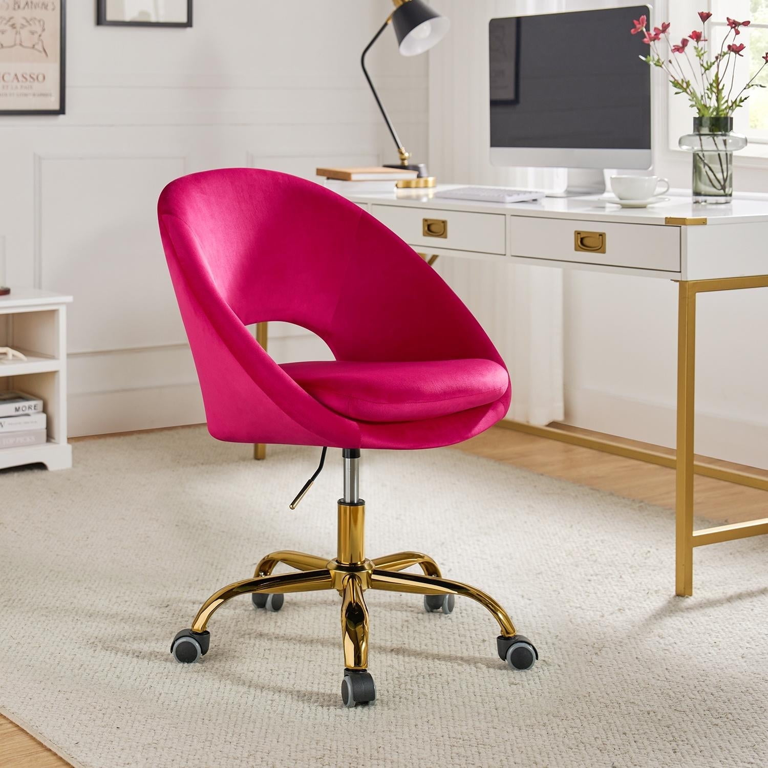 Velvet Swivel Rolling Home Office Chair Adjustable Desk Chair Fuchsia