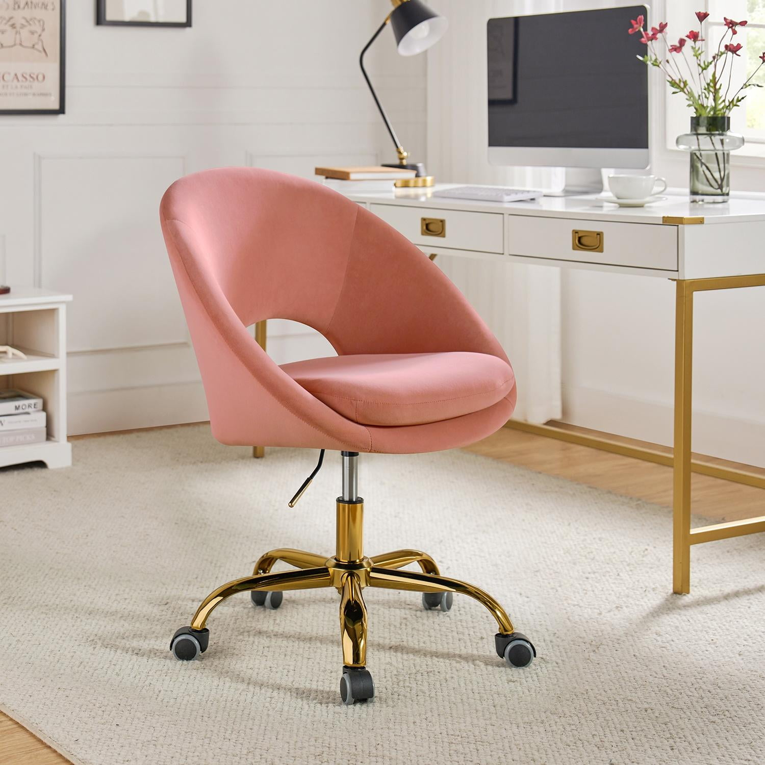 HULALA HOME Ramona Modern Velvet Height Adjustable 360 Swivel Task Chair with Metal Base by  Pink