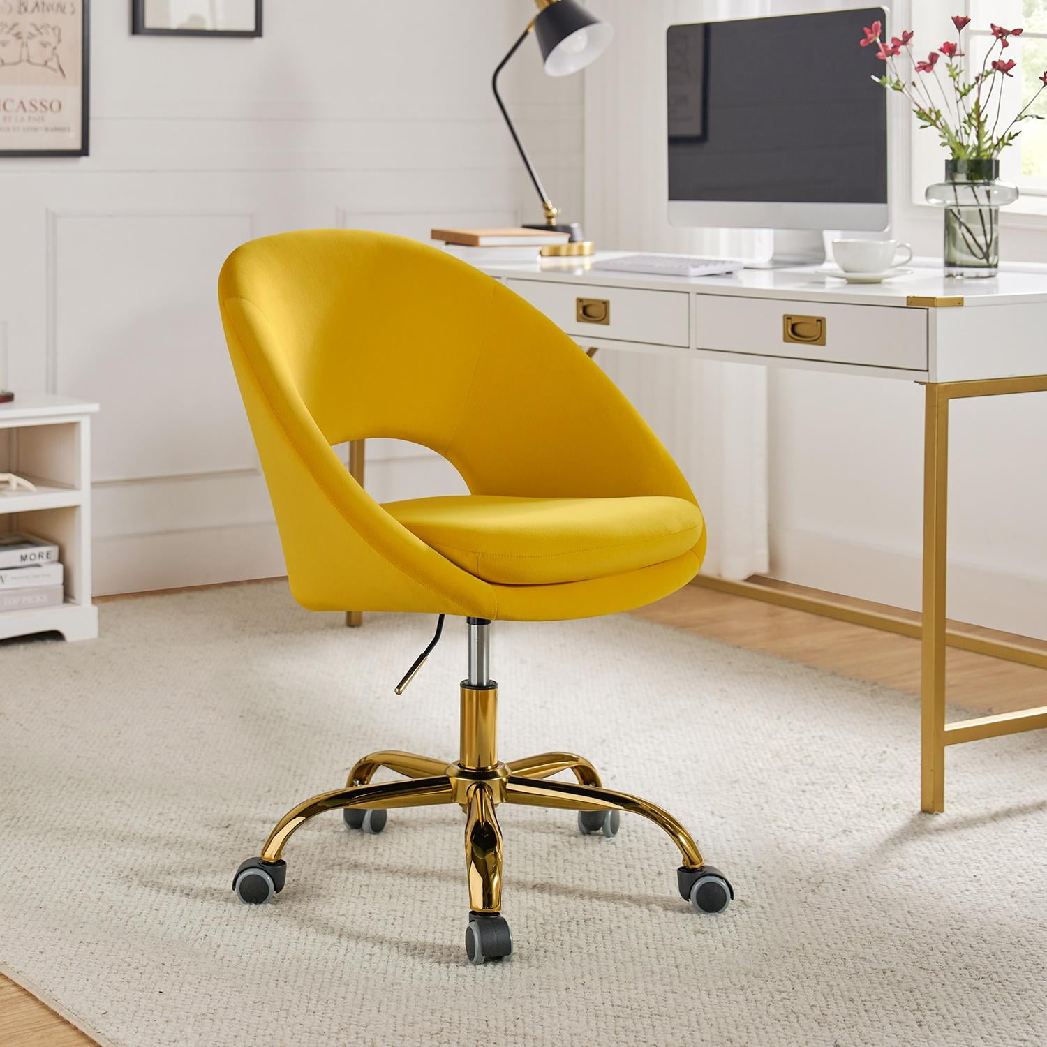 Modern Velvet Office Chair Swivel Salon Chair, Comfy Upholstered Desk Chair with Open Back, Small Cute Chair for Living Room Study Vanity, Yellow