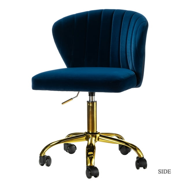 Navy Velvet Swivel Office Chair with Gold Legs, Adjustable Height Rolling Desk Chair for Vanity