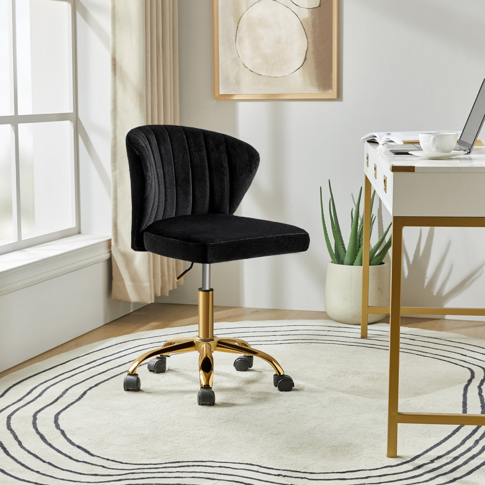 Black Velvet Swivel Office Chair with Gold Legs, Adjustable Height Rolling Desk Chair for Home Office Vanity
