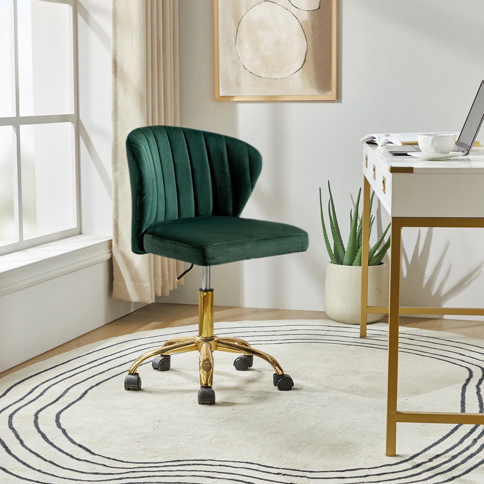 Green Velvet Swivel Office Chair with Gold Legs, Adjustable Height Rolling Desk Chair for Vanity