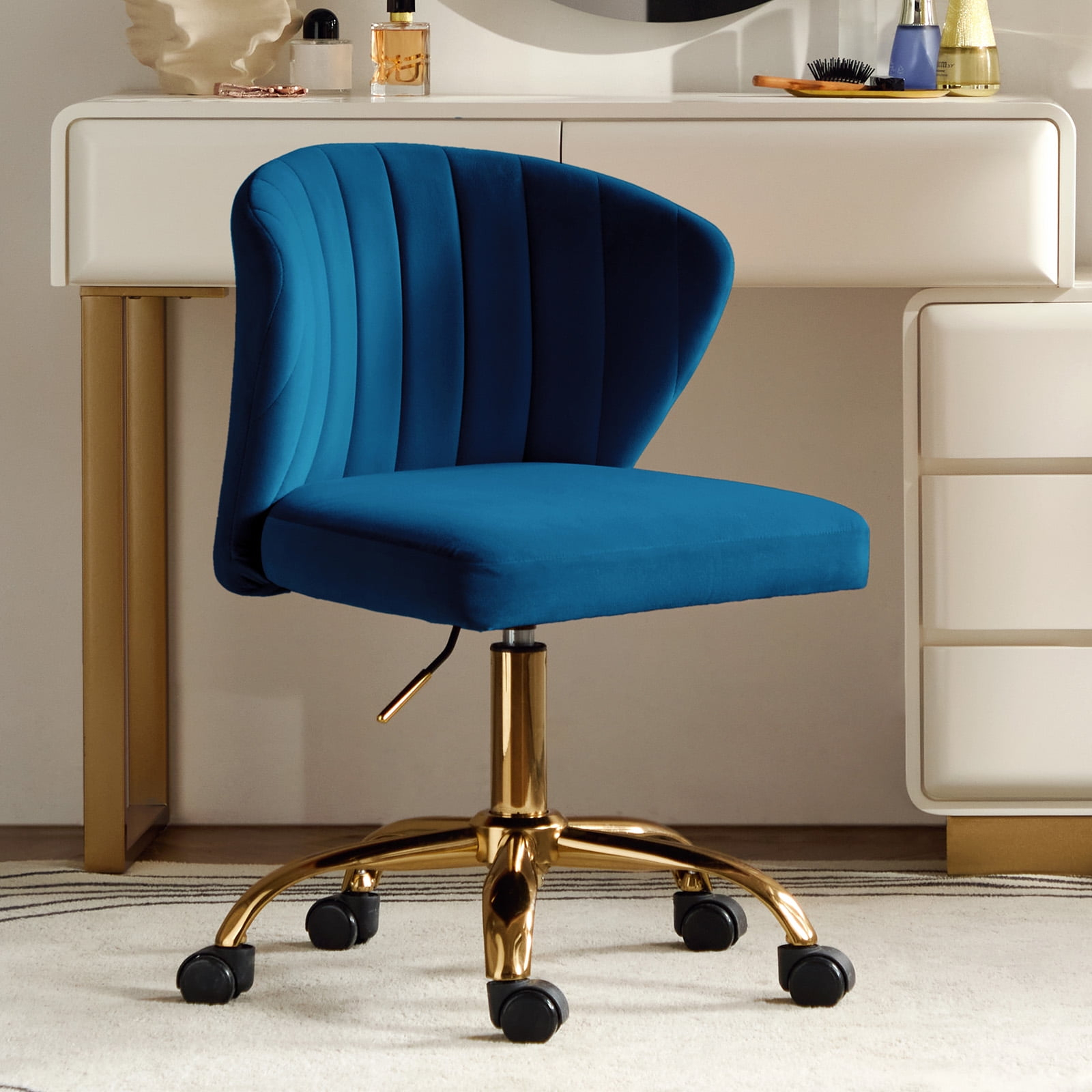 Navy Velvet Swivel Office Chair with Gold Legs, Adjustable Height Rolling Desk Chair for Vanity
