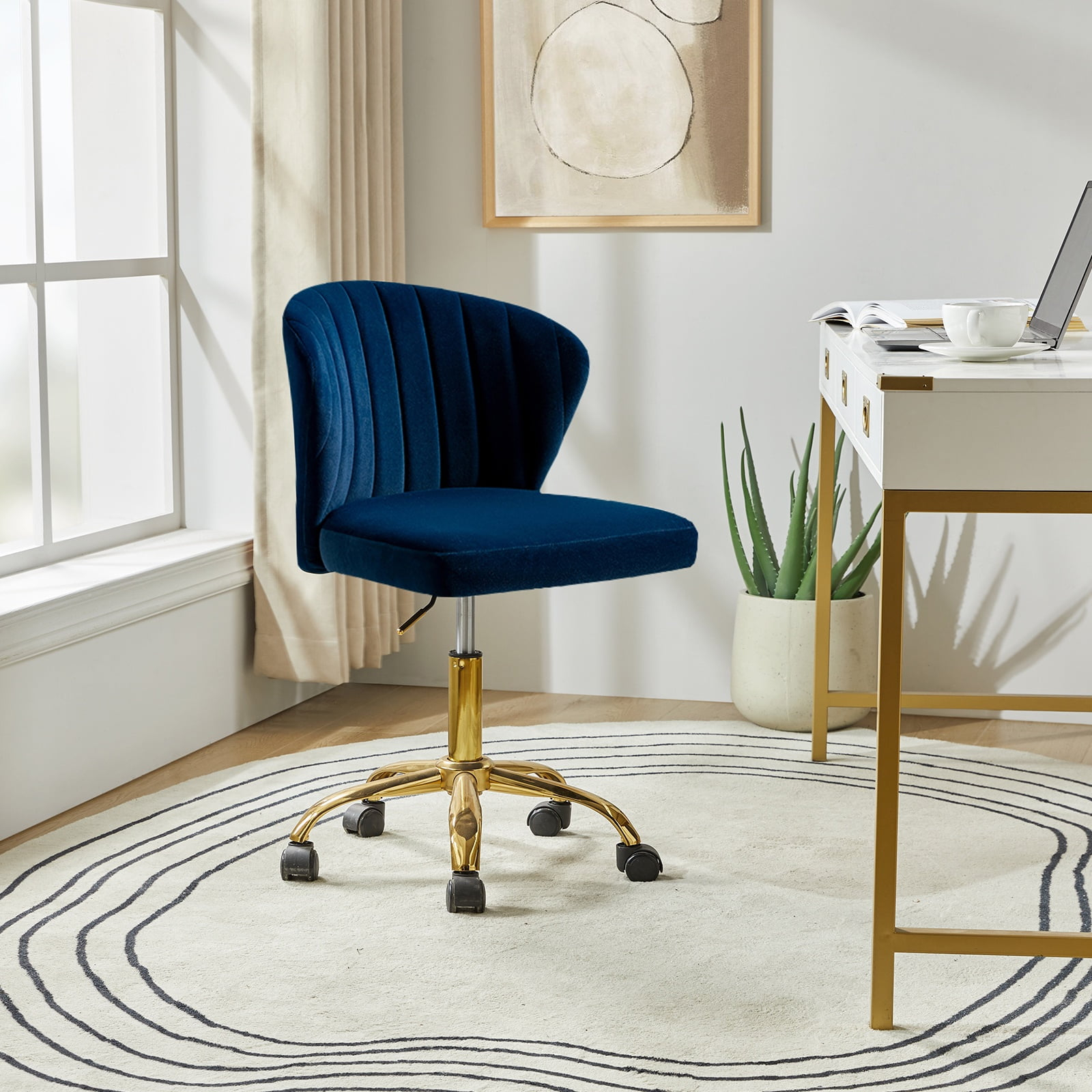 Navy Velvet Swivel Office Chair with Gold Legs, Adjustable Height Rolling Desk Chair for Vanity