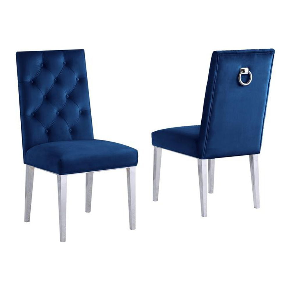 Velvet Tufted Side Chairs in Navy Blue with Silver Chrome Legs (Set of 2)