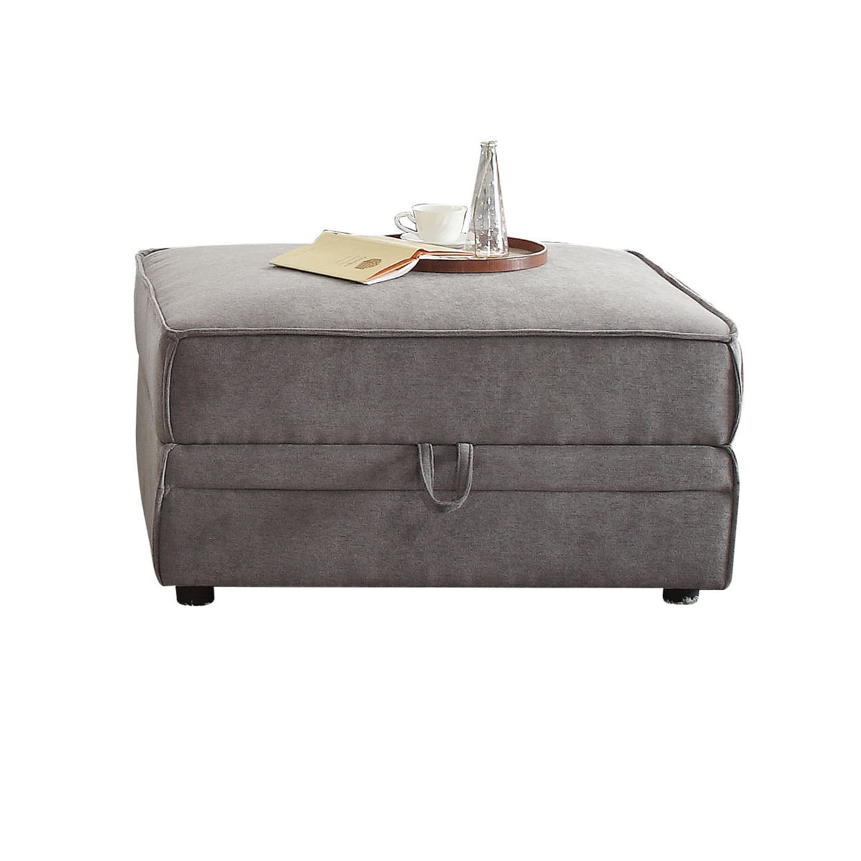 Velvet Upholstered Wooden Ottoman with Lift Off Storage and Block Legs Gray- Saltoro Sherpi