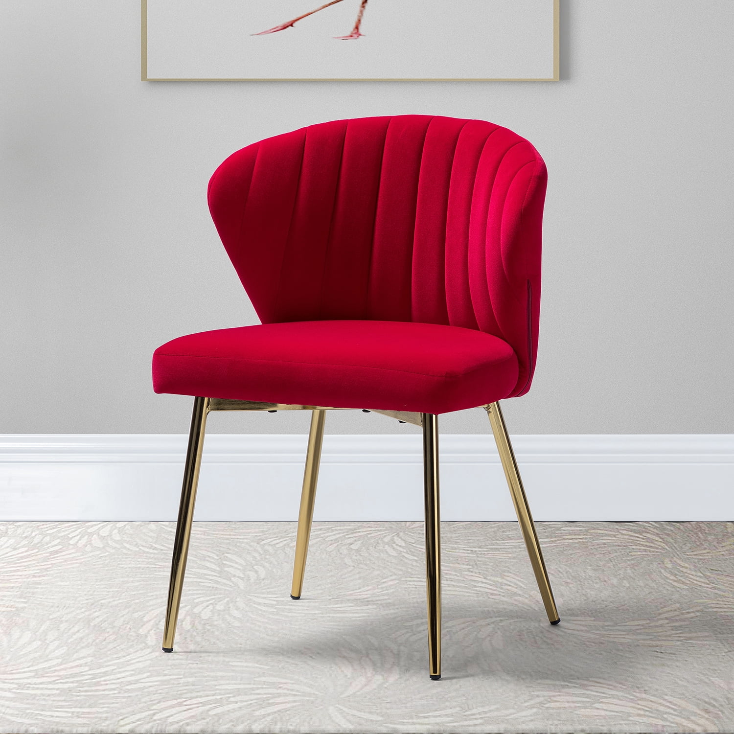 Velvet Upholstery Comfy Dining Chair Accent Channel Tufted Metal Legs Home Living Room Bedroom Kitchen Red