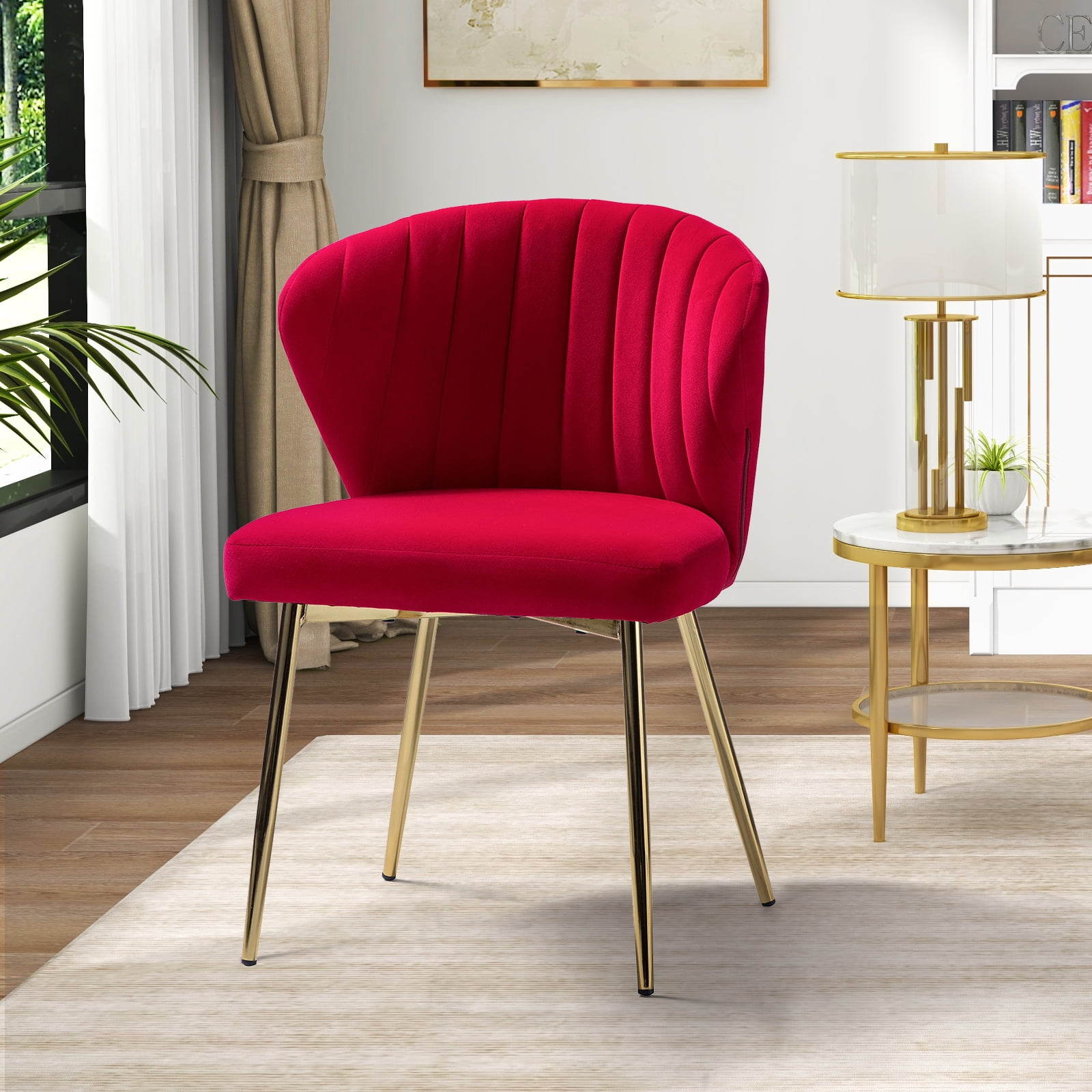 Velvet Upholstery Comfy Dining Chair Accent Channel Tufted Metal Legs Home Living Room Bedroom Kitchen Red