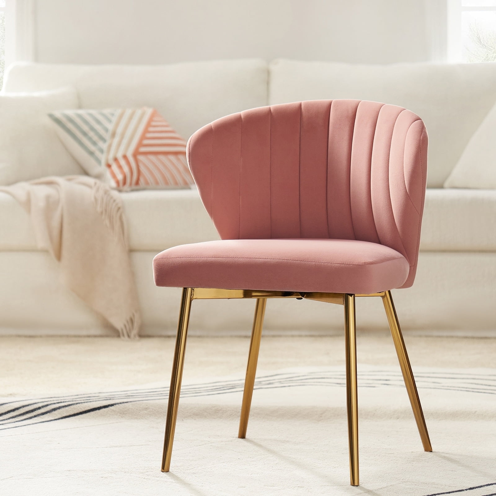 Wingback Pink Dining Chair Small Velvet Makeup Vanity Chair Metal Legs Home Bedroom