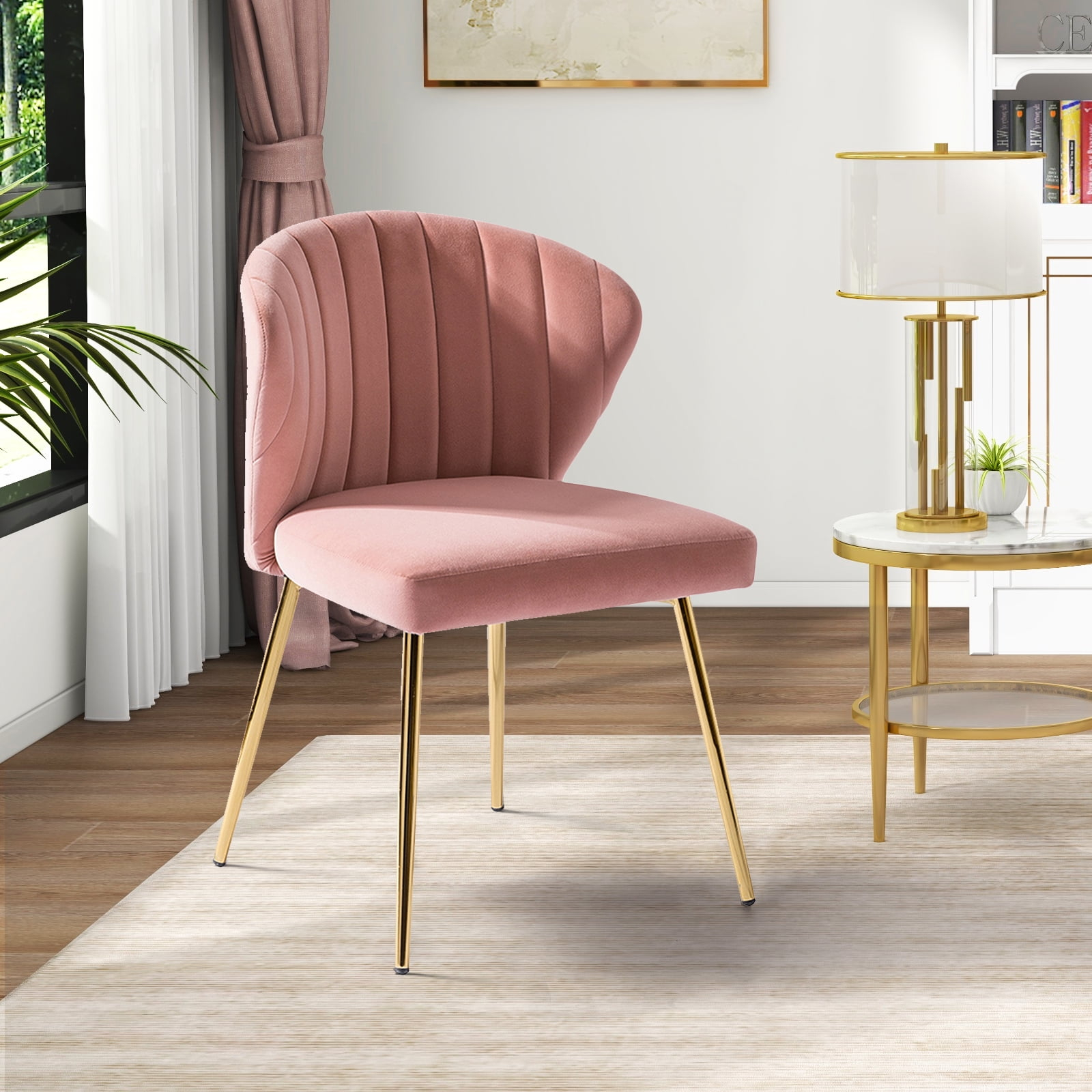 Wingback Pink Dining Chair Small Velvet Makeup Vanity Chair Metal Legs Home Bedroom